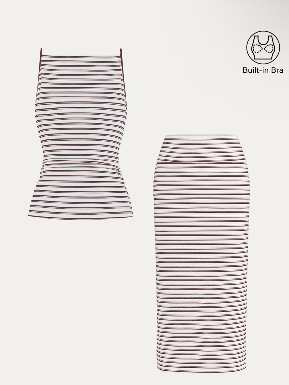 Striped White and Burgundy Midi Skirt & Top Set